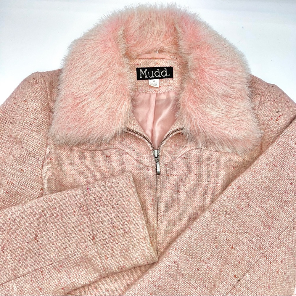 Baby Pink MUDD Vintage Y2K Faux Fur Collar Wool Zipper Pastel Tweed 90s Jacket
